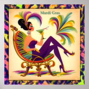 Midden eeuw Mardi Gras Vrouw met een Martini Poster