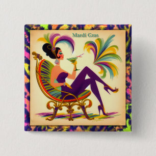 Midden eeuw Mardi Gras Vrouw met een Martini Vierkante Button 5,1 Cm