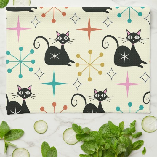 Midden eeuw Mod Atomaire Katten met Retro Sterrene Theedoek (Gevouwen)