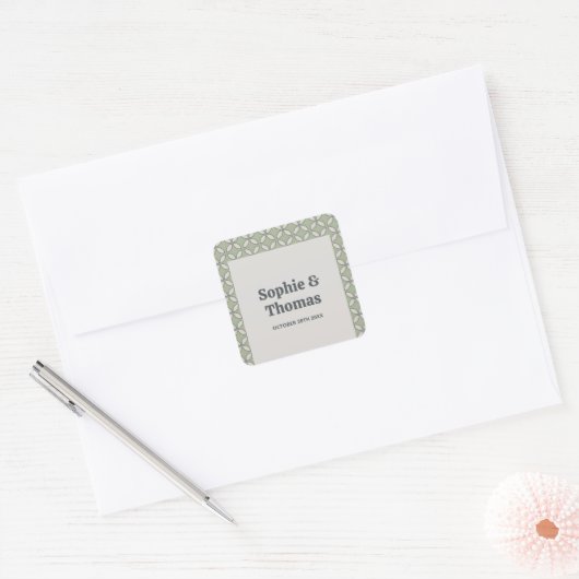 Midden Eeuw Mod Retro Trouw Olijfgroen Vierkante Sticker (Envelop)