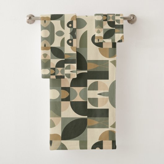 Midden eeuw modern abstract patroon saliegroen bad handdoek (Insitu)