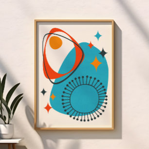Midden Eeuw Modern Atomair Blauw Rood Oranje Abstr Poster