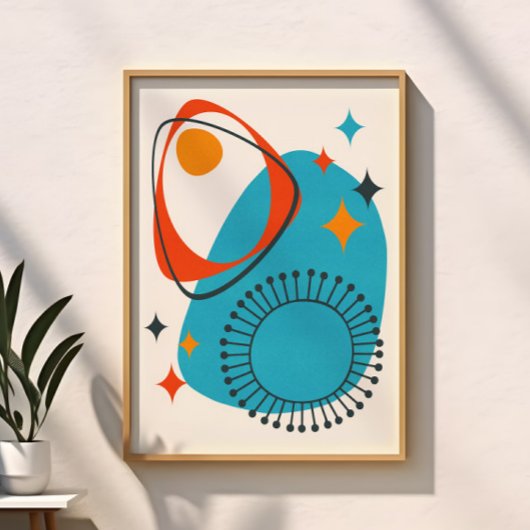 Midden Eeuw Modern Atomair Blauw Rood Oranje Abstr Poster