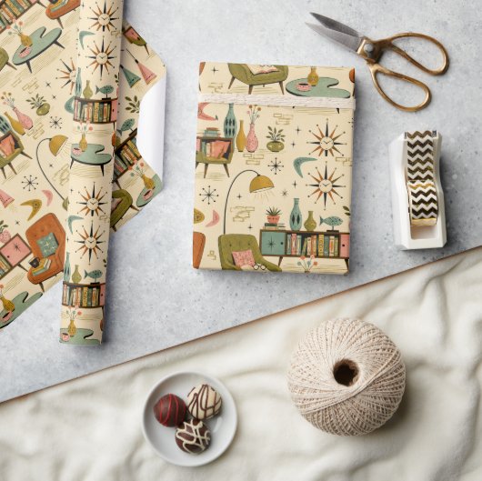 Midden Eeuw Modern Atomair Retro Woonkamer Cadeaupapier (Crafts)