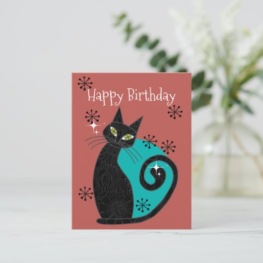 Midden Eeuw Modern Atomaire Kat Retro Gelukkig Ver Briefkaart (Staand voorkant)