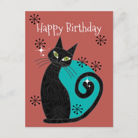 Midden Eeuw Modern Atomaire Kat Retro Gelukkig Ver Briefkaart (Voorkant)