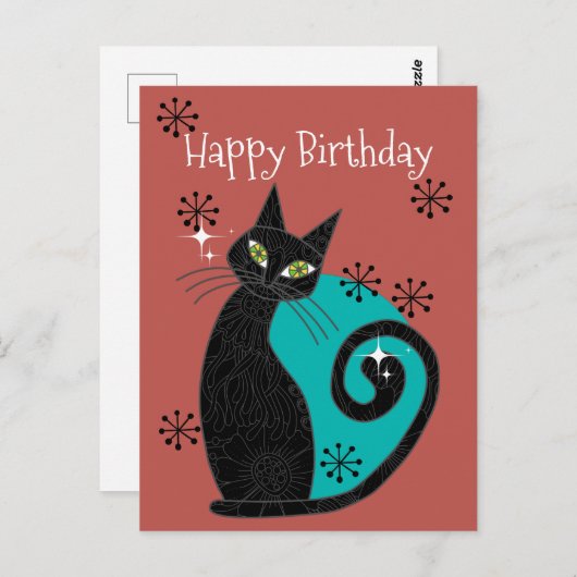 Midden eeuw modern atomaire kat retro gelukkige ve briefkaart (Voorkant / Achterkant)