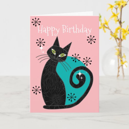 Midden eeuw modern atomaire kat retro gelukkige ve kaart (Gele Bloem)