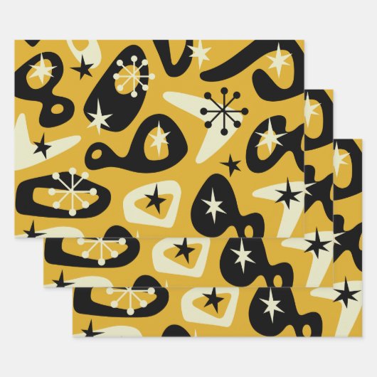 Midden-Eeuw Modern Atomic Abstract Inpakpapier Vel (Set)