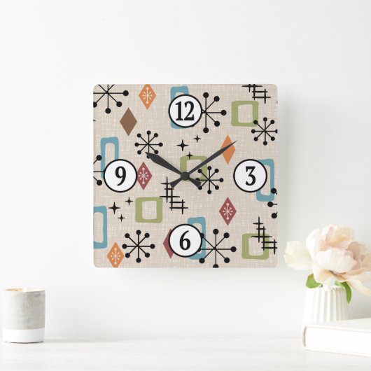 Midden eeuw Modern Atomic Age Starburst patroon Vierkante Klok (Huis)