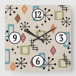 Midden eeuw Modern Atomic Age Starburst patroon Vierkante Klok