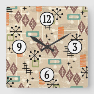 Midden eeuw Modern Atomic Age Starburst patroon Vierkante Klok