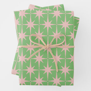Midden-eeuw Modern Atomic Starburst Patroon Groen Inpakpapier Vel