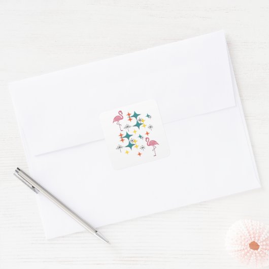 Midden Eeuw Modern Atomische Steruitbarsting Roze Vierkante Sticker (Envelop)