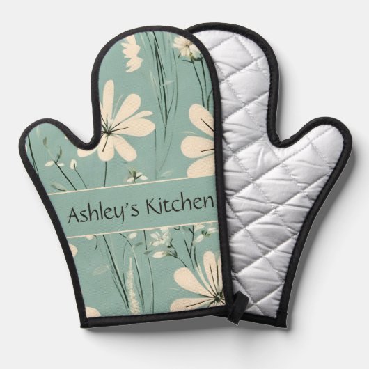 Midden Eeuw Modern Bloem Madelief Aangepaste Naam Ovenwant (Voorkant / Achterkant)