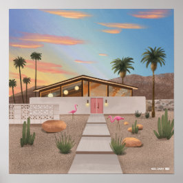 Midden-eeuw Modern Flamingo Huis Poster
