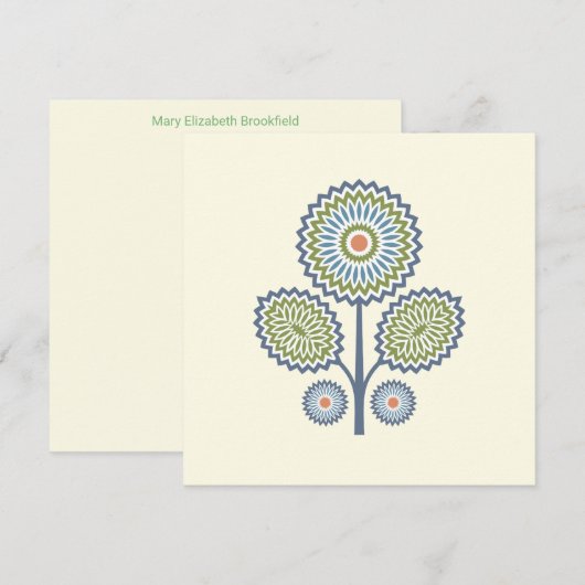 Midden-Eeuw Modern Floral Note Kaart in blauw Notitiekaartje (Voorkant / Achterkant)