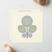 Midden-Eeuw Modern Floral Note Kaart in blauw Notitiekaartje (Voorkant / Achterkant in situ)