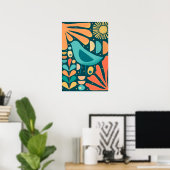 Midden eeuw modern geïnspireerde vogel en bladeren poster (Thuiskantoor)