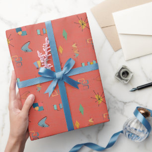 Midden eeuw modern gestructureerd donker koraal cadeaupapier