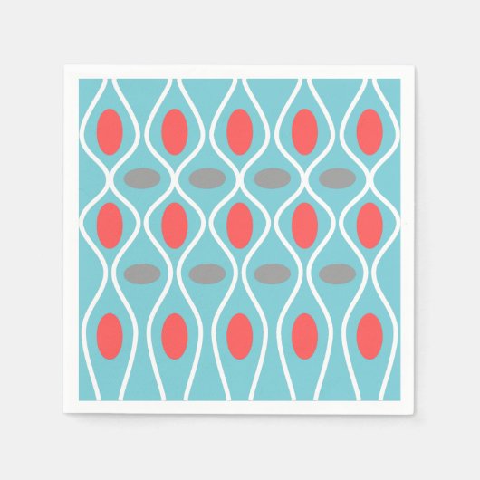 Midden eeuw modern, golven bollen, blauw, rood, gr servetten (Voorkant)