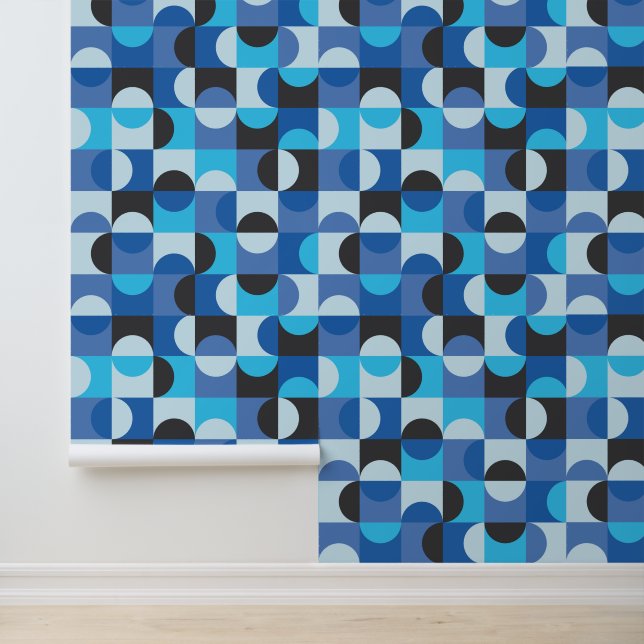 Midden eeuw modern half cirkels blauw turquoise behang (Applicatie)