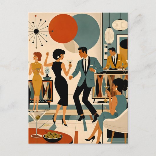 Midden Eeuw Modern Hippe Martini Dansfeest Briefkaart (Voorkant)