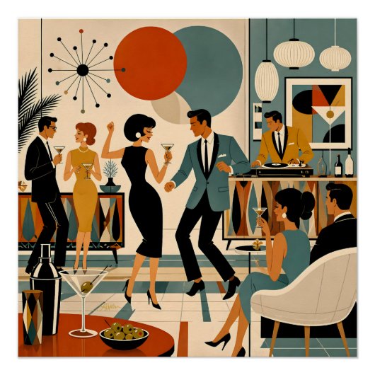 Midden Eeuw Modern Hippe Martini Dansfeest Perfect Poster (Voorkant)