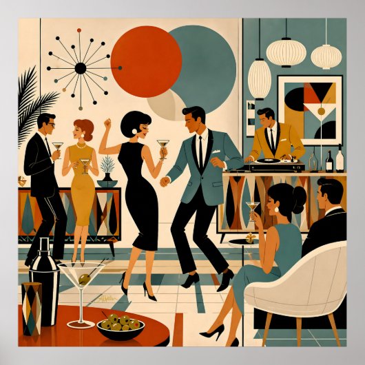 Midden Eeuw Modern Hippe Martini Dansfeest Poster (Voorkant)