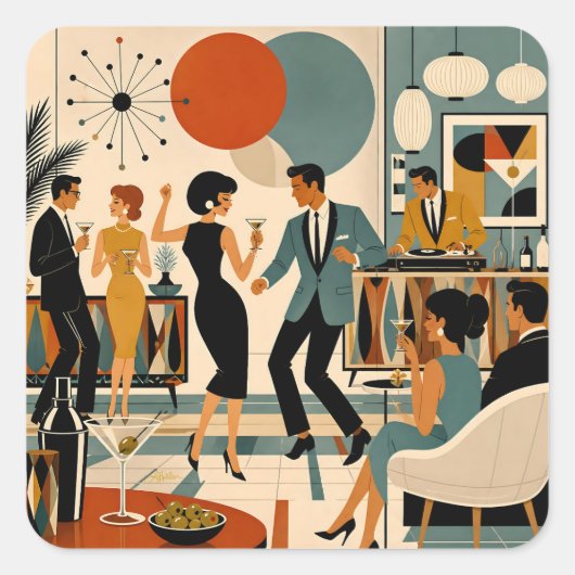 Midden Eeuw Modern Hippe Martini Dansfeest Vierkante Sticker (Voorkant)