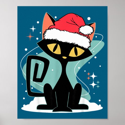 Midden eeuw modern kat kerstman hoed Kerstmis 70er Poster (Voorkant)