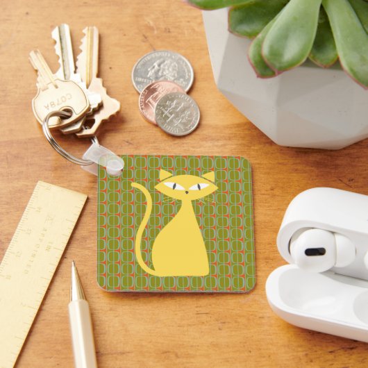 Midden eeuw modern kat op geometrisch patroon sleutelhanger (Bureau)