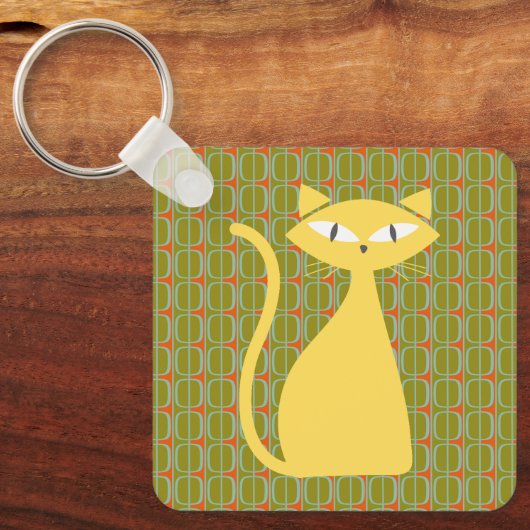 Midden eeuw modern kat op geometrisch patroon sleutelhanger (Voorkant)