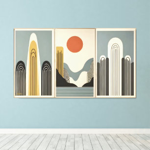 Midden eeuw modern kunst bergmeer zonsopgang canvas afdruk