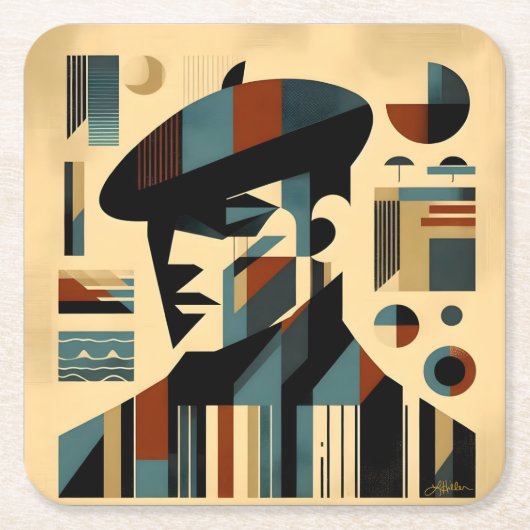 Midden eeuw modern kunst man met baret kartonnen onderzetters (Voorkant)