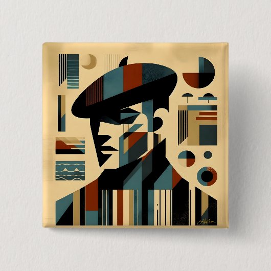 Midden eeuw modern kunst man met baret vierkante button 5,1 cm (Voorkant)
