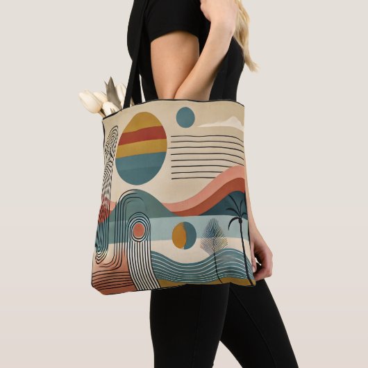 Midden eeuw modern kunst strand zonsopgang tote bag (Dichtbij)