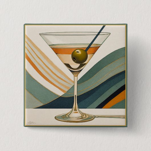 Midden Eeuw Modern Martini Cocktailuur Vierkante Button 5,1 Cm (Voorkant)