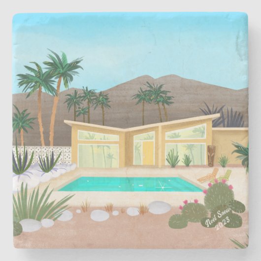 Midden eeuw modern poolhouse stenen onderzetter (Voorkant)