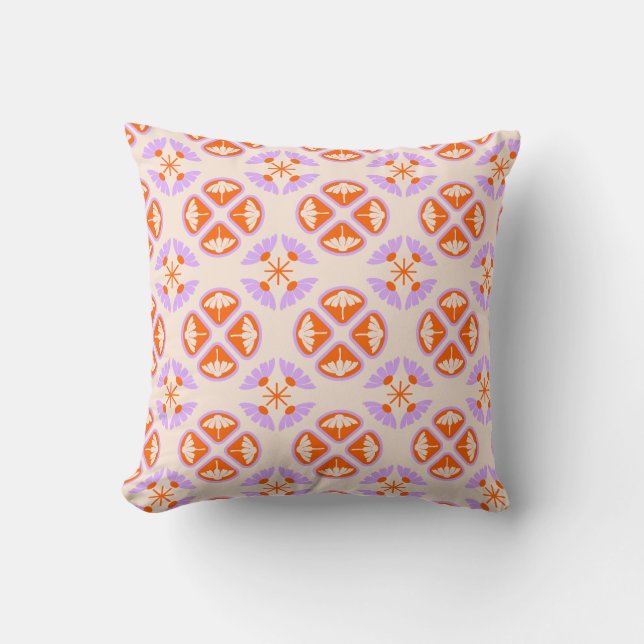 Midden Eeuw Modern Retro Oranje & Lavendel Bloemmo Kussen (Voorkant)
