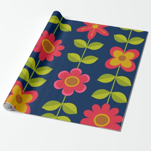 Midden eeuw modern rode bloemen met bladeren cadeaupapier (Uitgerold)