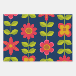 Midden eeuw modern rode bloemen met bladeren inpakpapier vel