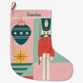 Midden-eeuw modern roze en groen gepersonaliseerd grote kerstsok (Voorkant)