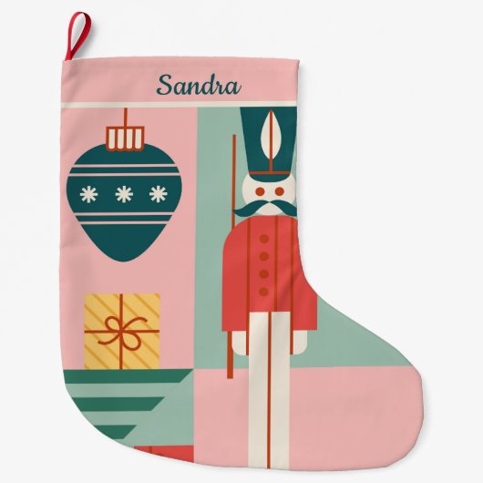 Midden-eeuw modern roze en groen gepersonaliseerd grote kerstsok (Voorkant)