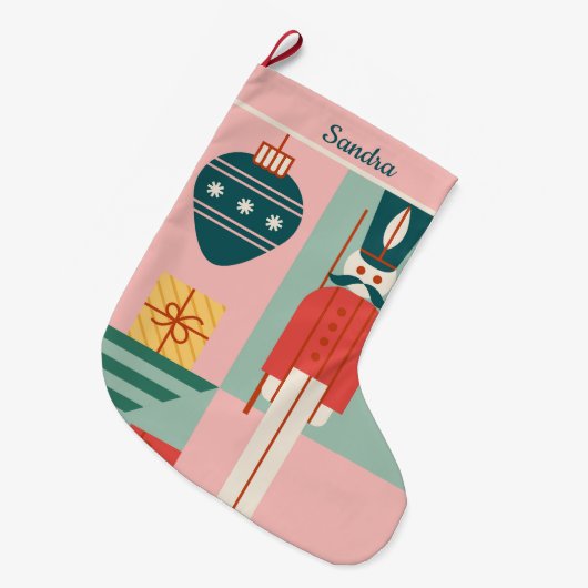 Midden-eeuw modern roze en groen gepersonaliseerd grote kerstsok (Voorkant (Hangend))