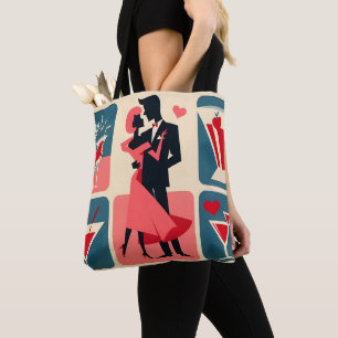 Midden eeuw modern valentijnsdanspaar tote bag