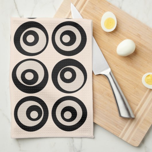 Midden Eeuw Modern zwart en crèmekleurig cirkelpat Theedoek (Quarter Fold)