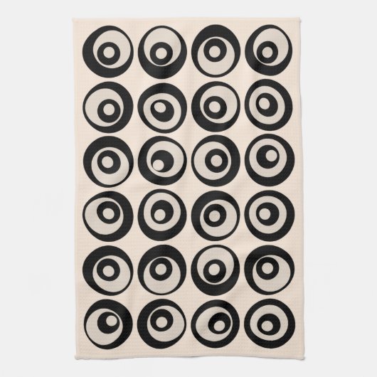 Midden Eeuw Modern zwart en crèmekleurig cirkelpat Theedoek (Verticaal)