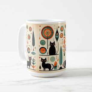 Midden Eeuw Modern Zwart Kat Oranje en Turkoois Koffiemok