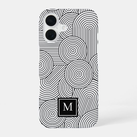 Midden eeuw modern zwart-wit monogram initiaal iPhone 16 hoesje (Achterkant)